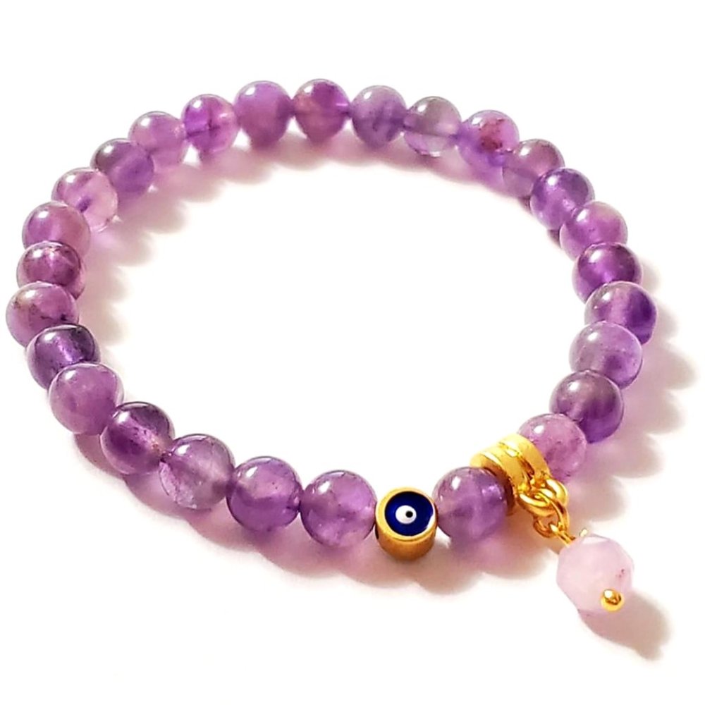 Evil eye genuine amethyst beaded bracelet